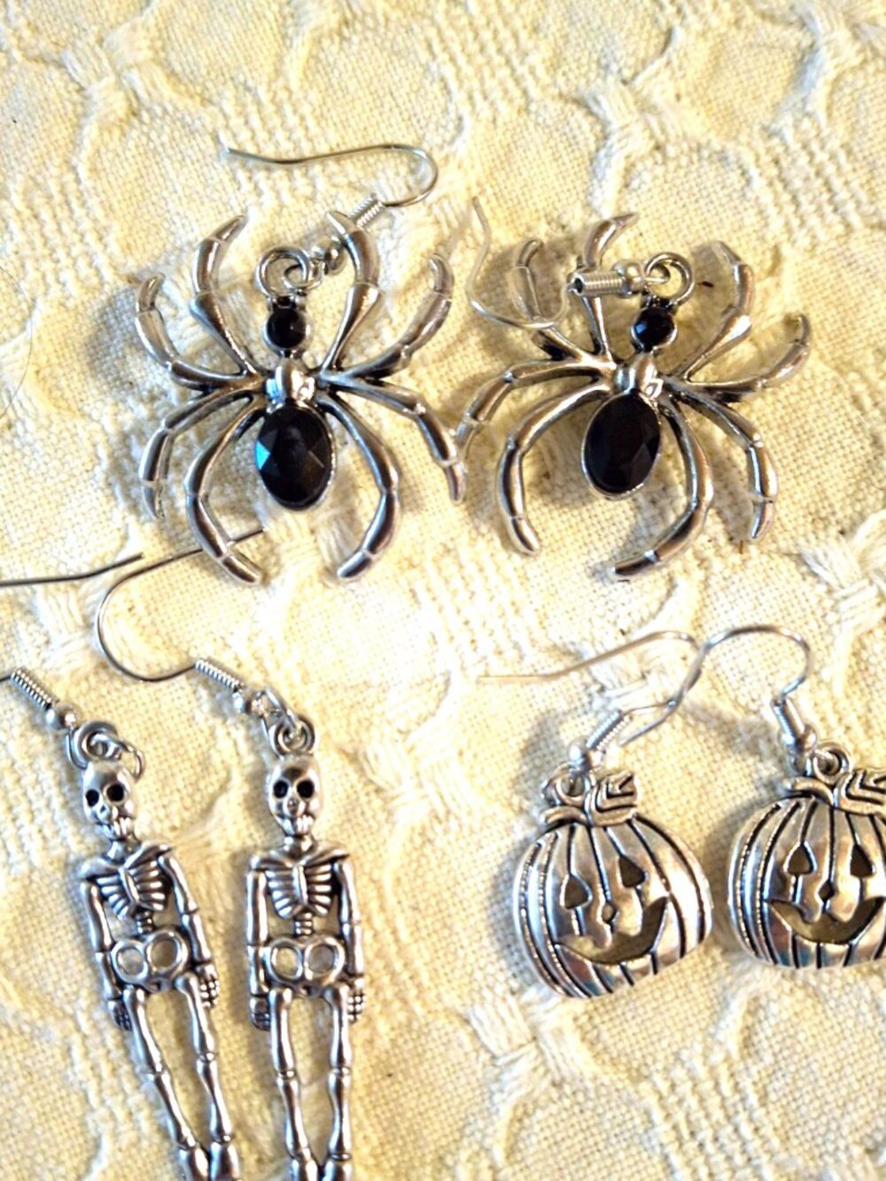 Lot of Halloween Earrings 3 Pairs Silver-tone Jack-o-lanterns Spiders Skeletons